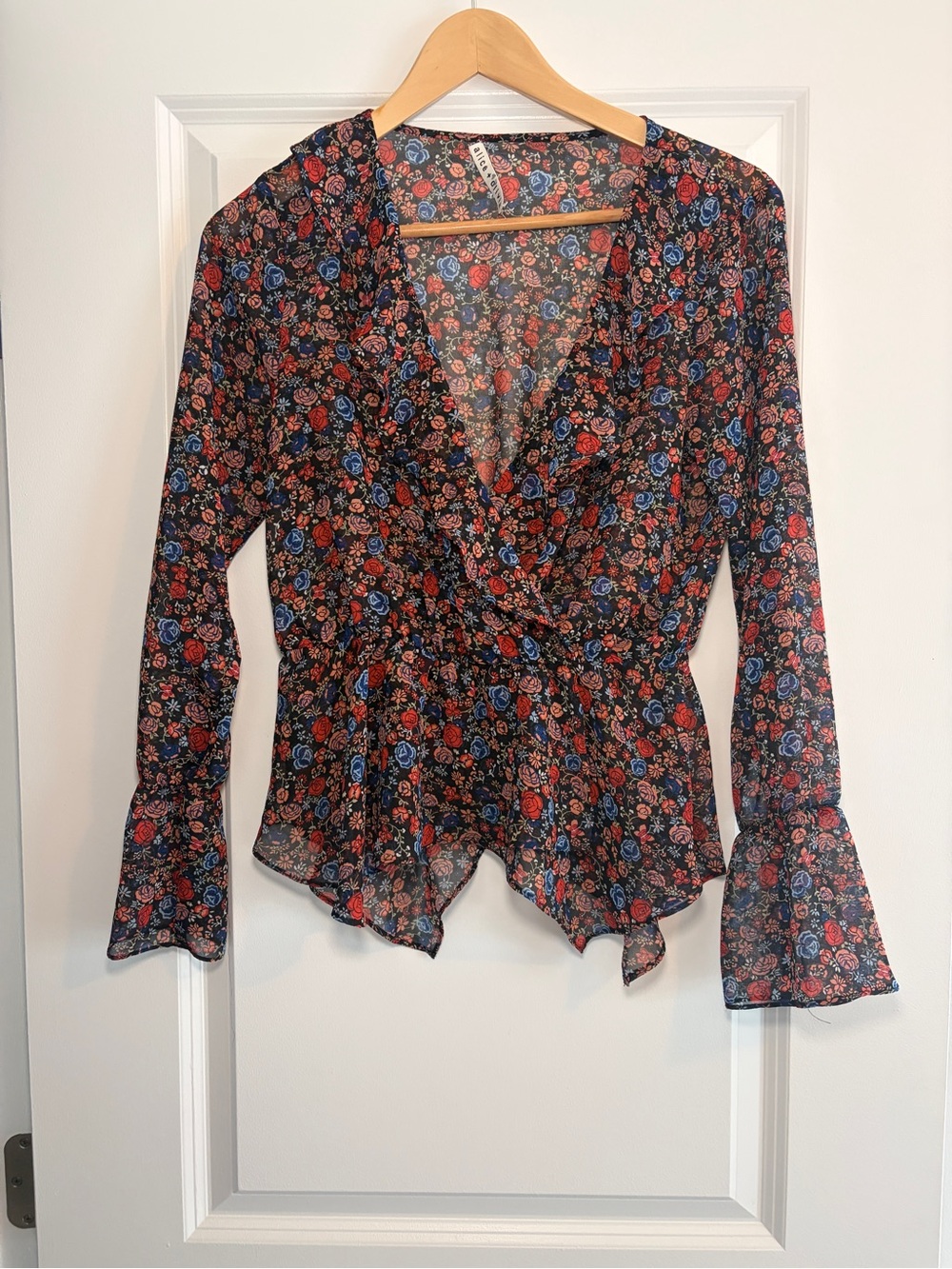 Alice + Olivia | Sheer Floral Wrap Blouse - Black with Red & Blue Roses